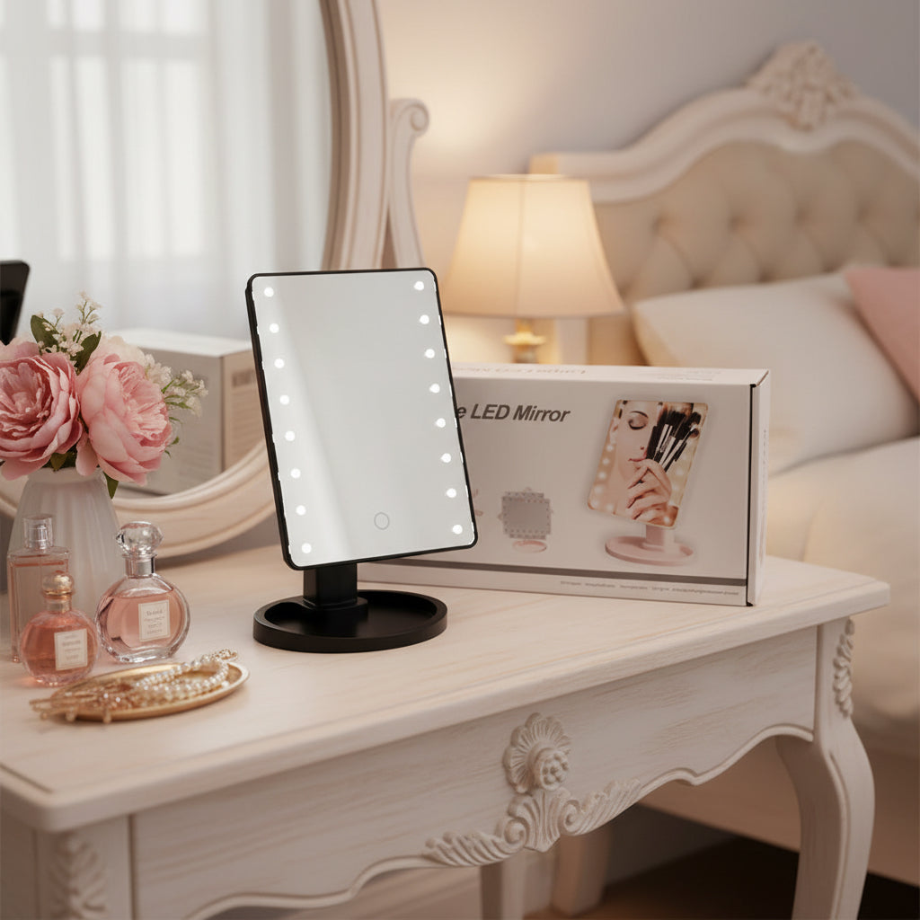 ESPEJO PORTATIL TACTIL CON 16 LUCES LED ROTACION 360°COLOR NEGRO