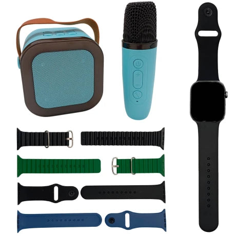 MICRÓFONO, PARLANTE Y RELOJ SMARTWATCH 4 MALLAS