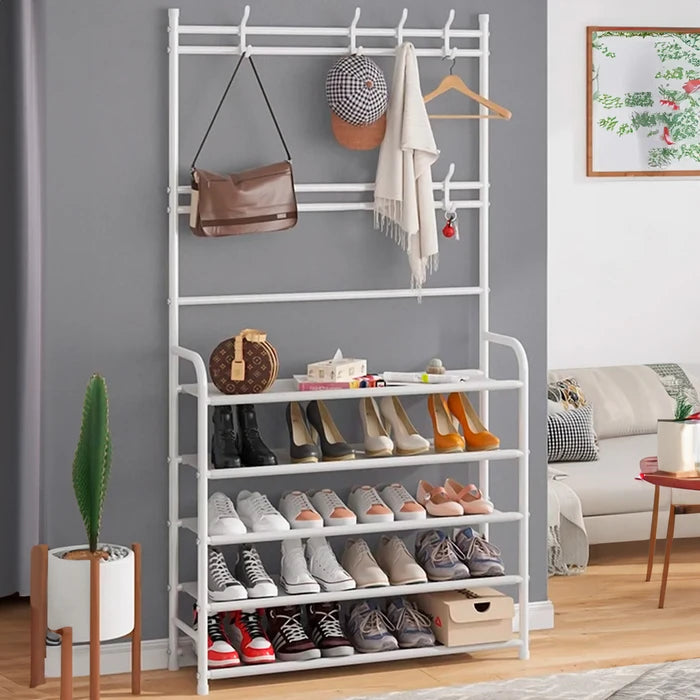 Perchero y Zapatero Metálico con 5 Niveles y 5 Ganchos Removibles 60 x 26 x 170cm - Blanco